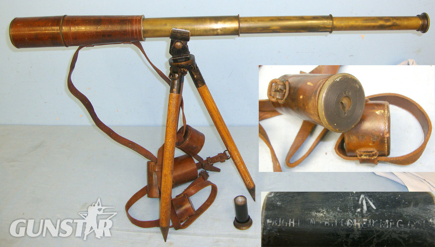  WW1 1917 R & J Beck Ltd London 3 Draw WD Marked MK IV British Military Telescope For Use By Sniper’s Spotter With Both High & Low Light / Magnification Eyepieces, Leather Cases With Straps & WD Houghton Butcher Mfg Stand No 21 MK V Tripod. Sn 20672:30  Sight & Optic