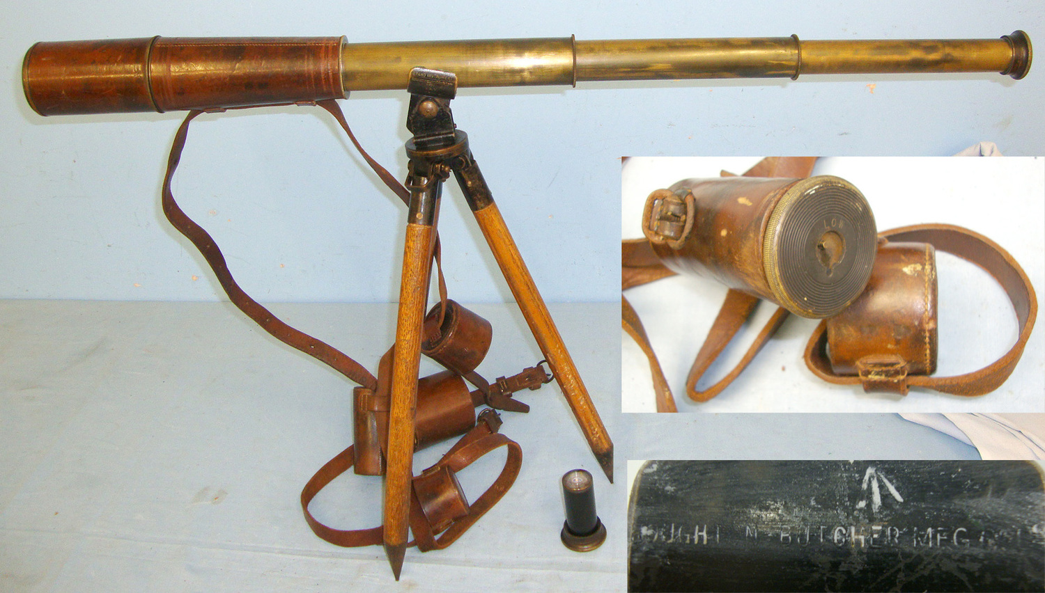  WW1 1917 R & J Beck Ltd London 3 Draw WD Marked MK IV British Military Telescope For Use By Sniper’s Spotter With Both High & Low Light / Magnification Eyepieces, Leather Cases With Straps & WD Houghton Butcher Mfg Stand No 21 MK V Tripod. Sn 20672:30  Sight & Optic