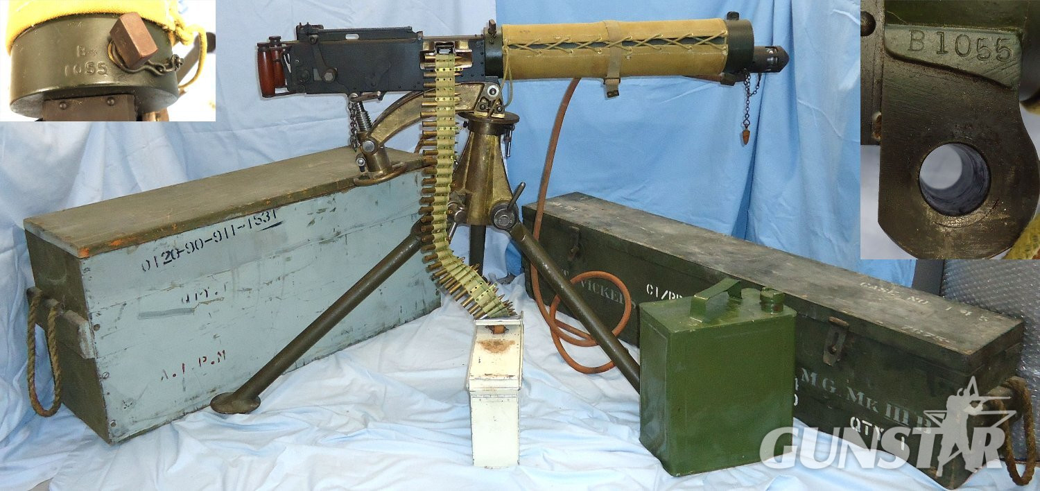 Vickers .303 Calibre Heavy Machine Gun, Linlithgow Manufacture in 1944, MK IV Cradle/Pintle By RH & S, Tripod, Condenser Tin. Condenser Adaptor, Hose, Ammunition Tin and Inert rounds in a Webbing Belt & Wooden Transit Boxes. **EARLY UK 1995 DEACTIVATION C Vickers .303 Calibre Heavy Machine Gun, Linlithgow Manufacture in 1944, MK IV Cradle/Pintle By RH & S, Tripod, Condenser Tin. Condenser Adaptor, Hose, Ammunition Tin and Inert rounds in a Webbing Belt & Wooden Transit Boxes. **EARLY UK 1995 DEACTIVATION C Various  Machine Gun in 