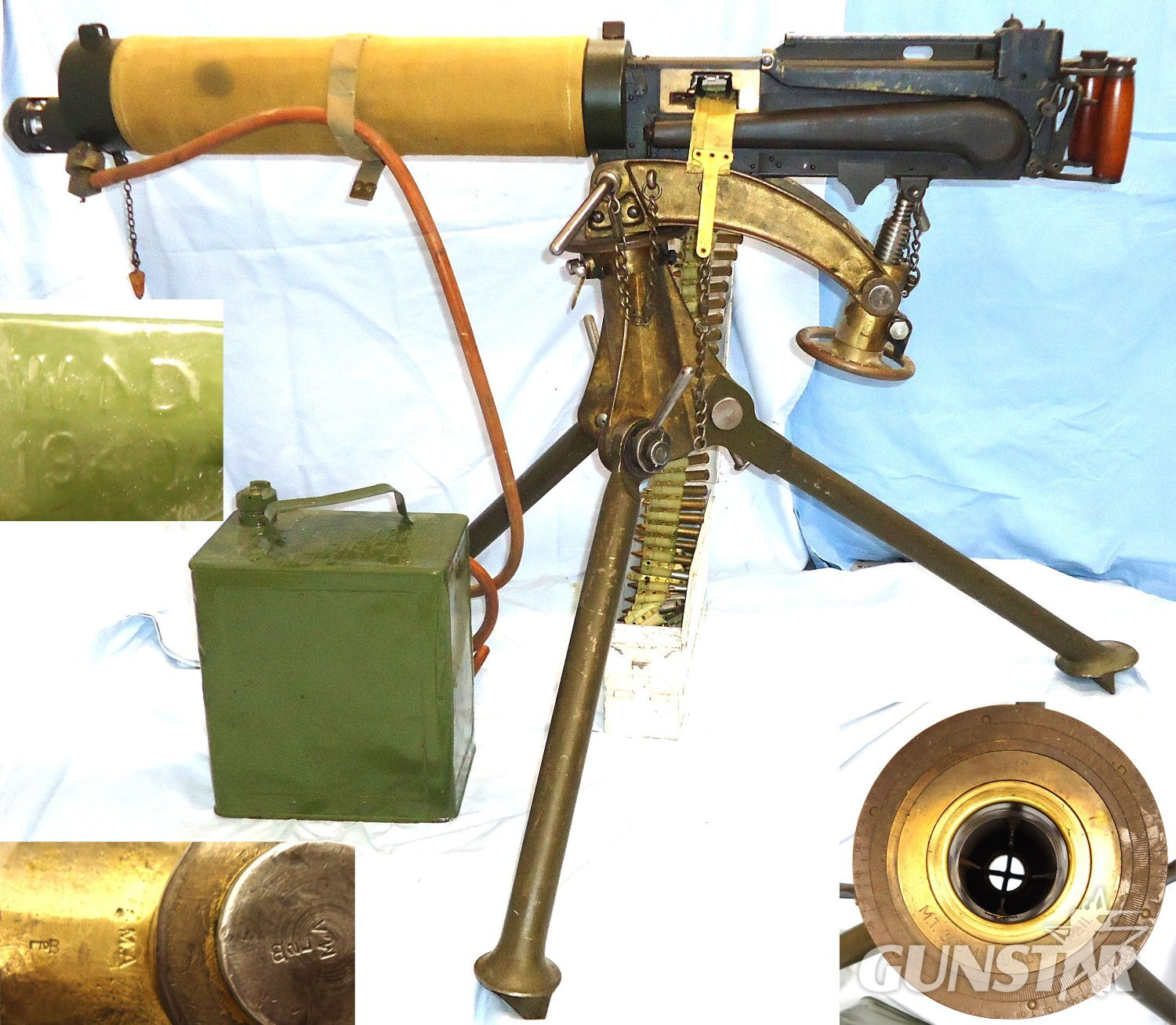 Vickers .303 Calibre Heavy Machine Gun, Linlithgow Manufacture in 1944, MK IV Cradle/Pintle By RH & S, Tripod, Condenser Tin. Condenser Adaptor, Hose, Ammunition Tin and Inert rounds in a Webbing Belt & Wooden Transit Boxes. **EARLY UK 1995 DEACTIVATION C Vickers .303 Calibre Heavy Machine Gun, Linlithgow Manufacture in 1944, MK IV Cradle/Pintle By RH & S, Tripod, Condenser Tin. Condenser Adaptor, Hose, Ammunition Tin and Inert rounds in a Webbing Belt & Wooden Transit Boxes. **EARLY UK 1995 DEACTIVATION C Various  Machine Gun