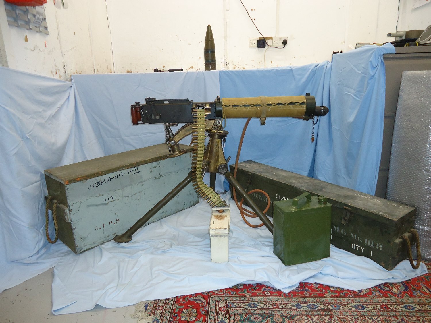 Vickers .303 Calibre Heavy Machine Gun, Linlithgow Manufacture in 1944, MK IV Cradle/Pintle By RH & S, Tripod, Condenser Tin. Condenser Adaptor, Hose, Ammunition Tin and Inert rounds in a Webbing Belt & Wooden Transit Boxes. **EARLY UK 1995 DEACTIVATION C Various Machine Gun - {CATEGORY} in 