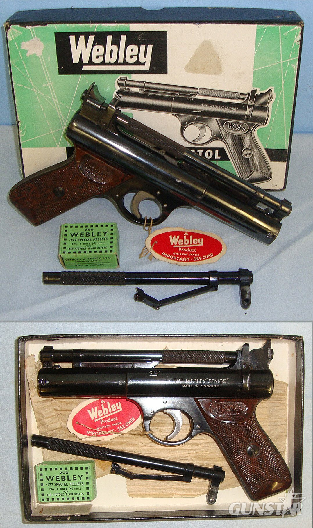 BOXED**Post 1958, Webley Senior Air Pistol With 2 Barrels (.177 & .22 Calibres). Sn 23494 air pistol Various in 