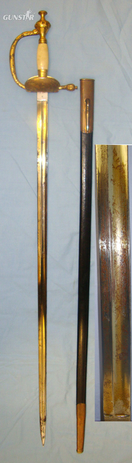 Imperial German 1796 Pattern Type Infantry Officer’s Sword By Gebr Weyersberg Solingen With Etched & Blued Blade & Scabbard Both With Matching German Regiment Marks ‘119.R.5.2’(Infantry Regiment Nr 119 Battalion Nr 5 Weapon Number 2). Sn 21045 Sword in 