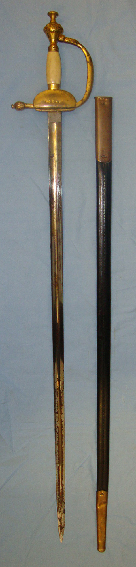  Imperial German 1796 Pattern Type Infantry Officer’s Sword By Gebr Weyersberg Solingen With Etched & Blued Blade & Scabbard Both With Matching German Regiment Marks ‘119.R.5.2’(Infantry Regiment Nr 119 Battalion Nr 5 Weapon Number 2). Sn 21045 Sword