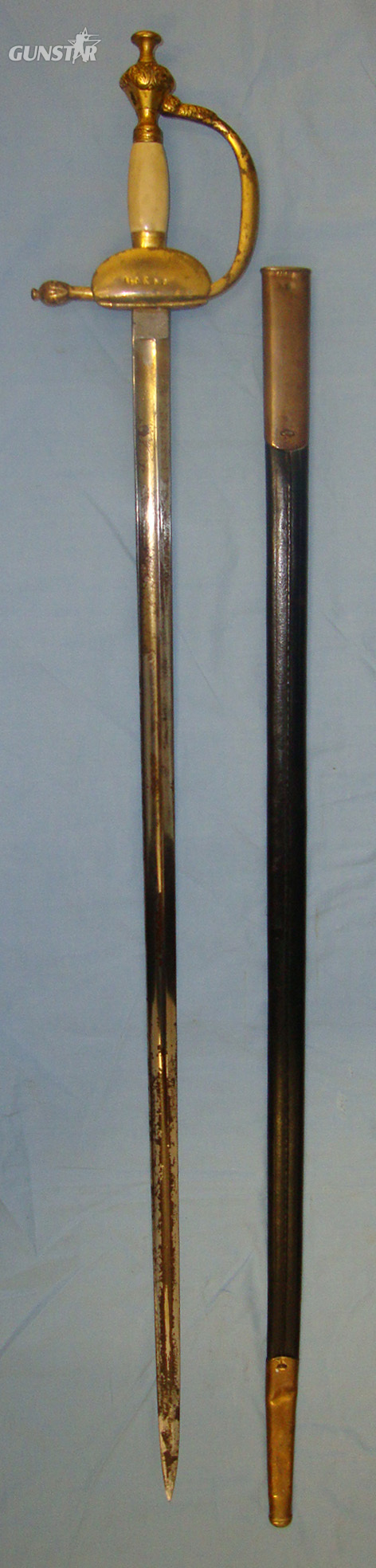  Imperial German 1796 Pattern Type Infantry Officer’s Sword By Gebr Weyersberg Solingen With Etched & Blued Blade & Scabbard Both With Matching German Regiment Marks ‘119.R.5.2’(Infantry Regiment Nr 119 Battalion Nr 5 Weapon Number 2). Sn 21045 Sword