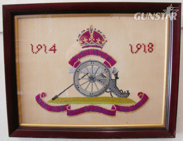 A Framed Embroidered Royal Regiment of Artillery Emblem and Motto commemorating the 1st World War. PI 129. A Framed Embroidered Royal Regiment of Artillery Emblem and Motto commemorating the 1st World War. PI 129. Antique & Militaria in 