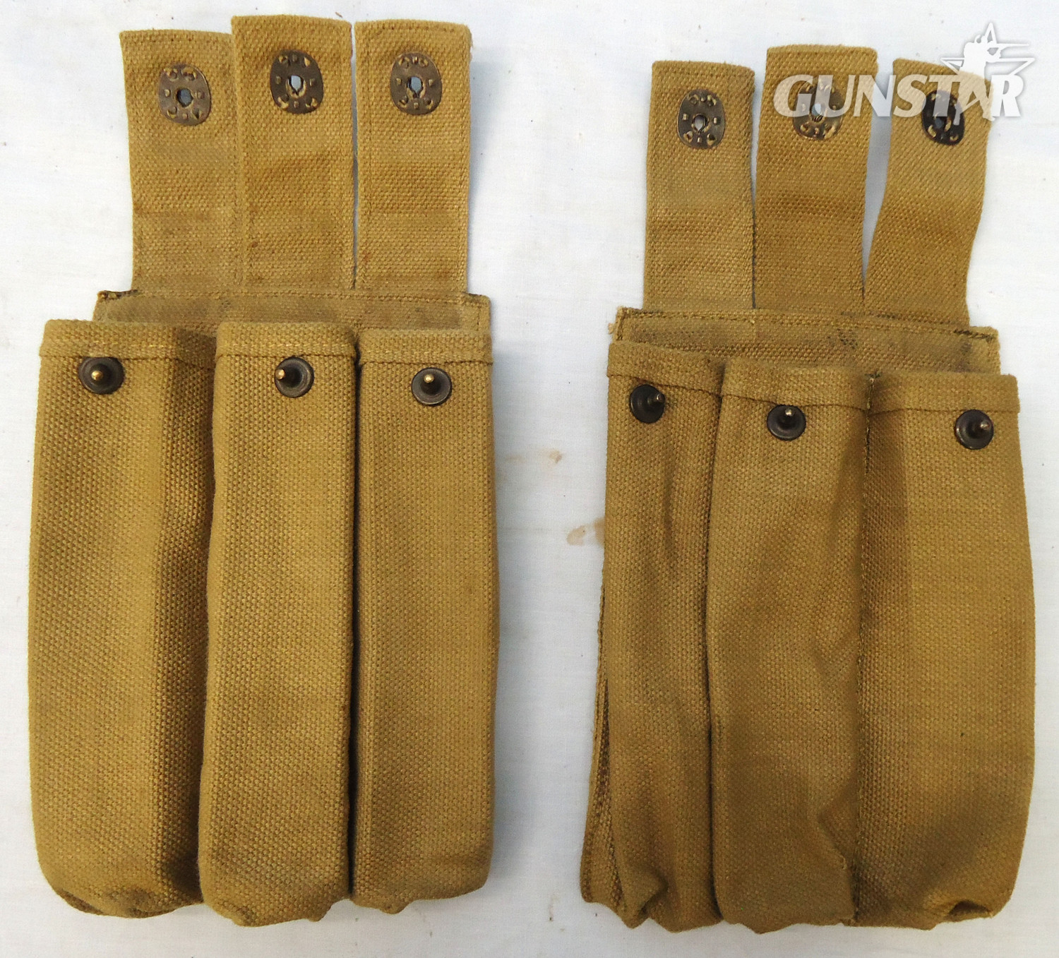  British, WW2 Era, Pair Of Belt Attached Pattern ’37 Webbing, 3 x 30 Round Magazine Pouches For The .45 Thompson Sub Machine Gun. - MISC 894 British, WW2 Era, Pair Of Belt Attached Pattern ’37 Webbing, 3 x 30 Round Magazine Pouches For The .45 Thompson Sub Machine Gun. - MISC 894 Other Accessory