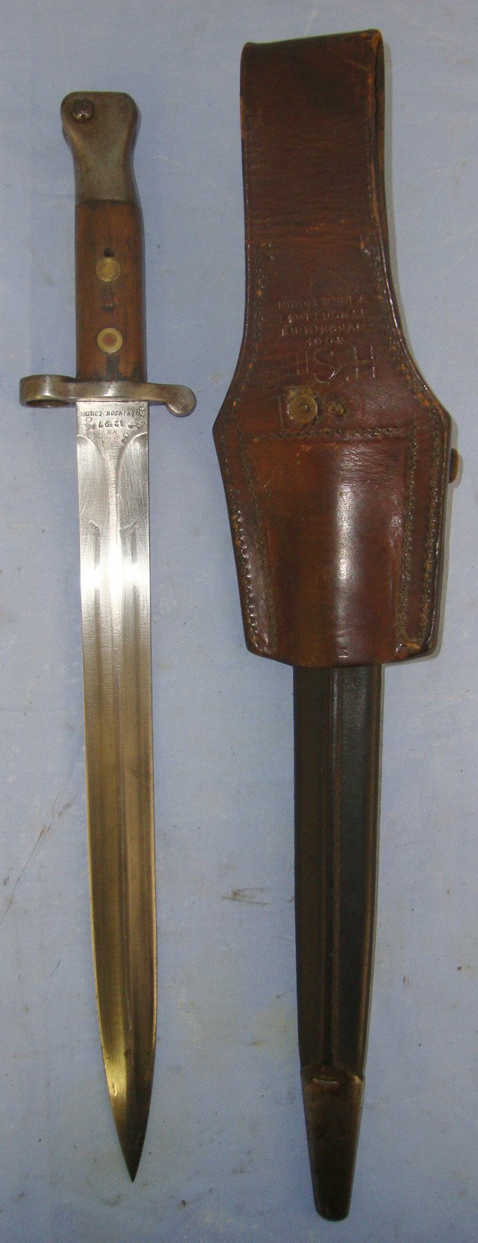  BOER WAR ERA**British WD 1897 Dated Wilkinson Pattern 1888 MK1, 2nd Type, Lee Metford Bayonet & WD Scabbard With 1909 Leather Frog By Middlemore & Lamplough Birmingham Regiment Marked ‘6th SH’ To The 6th Battalion King’s Shropshire Light Infantry. B Bayonet