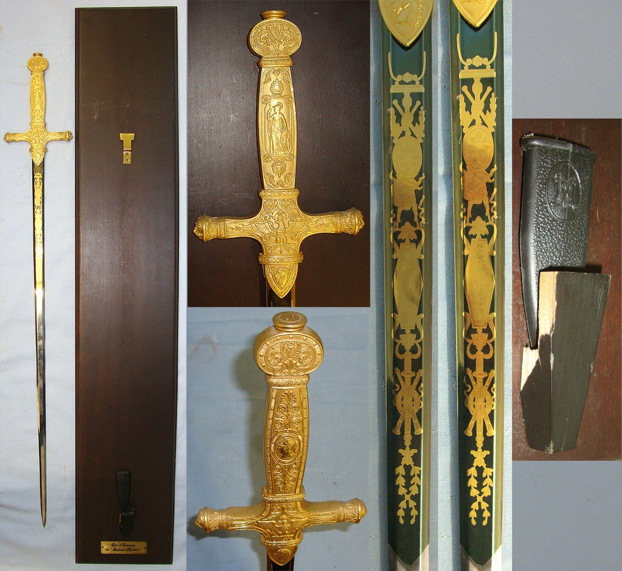 Commemorative Full Size Reproduction Of French Emperor Napoleon I’s Ceremonial Sword With Ornate Cast Hilt, Blued & Gilt Panels Etched Blade Mounted On Wooden Display Board With Identification Plaque. Sn 23306 Sword
