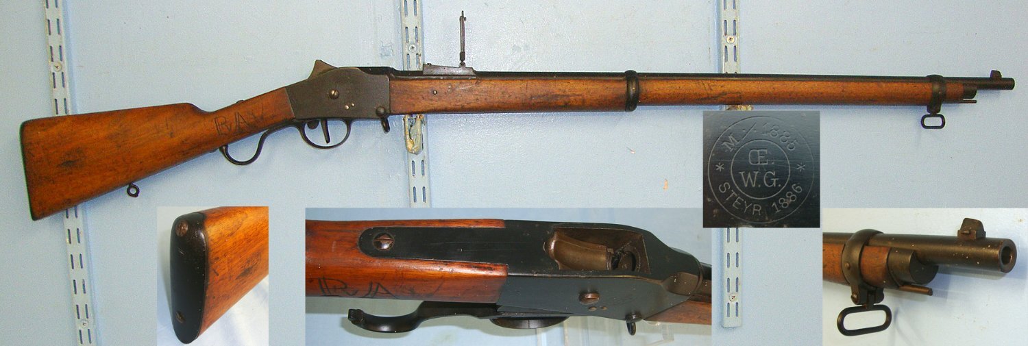 RARE**ALL MATCHING NUMBERS**Boer War Commando Issue, Austrian Steyr, Model 1885-86 (Cancelled Portuguese Contract), Guedes 'Falling Block' Action, 8x60mmR Guedes  Obsolete Calibre Rifle With Boer Carved Stock. Sn 23335 Single Shot 8 mm Rifle