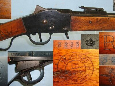 RARE**ALL MATCHING NUMBERS**Boer War Commando Issue, Austrian Steyr, Model 1885-86 (Cancelled Portuguese Contract), Guedes 'Falling Block' Action, 8x60mmR Guedes Obsolete Calibre Rifle With Boer Carved Stock. Sn 23335 Single Shot 8 mm Rifle