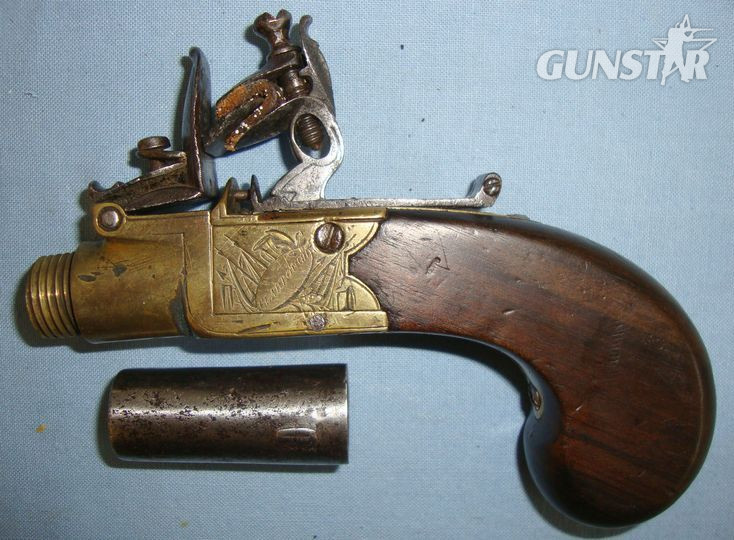 J.P. Clabrough English, Brass Framed Flintlock Pocket Pistol With Screw Off Barrel  Muzzleloader