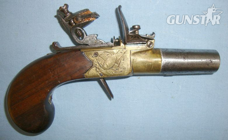 J.P. Clabrough English, Brass Framed Flintlock Pocket Pistol With Screw Off Barrel  Muzzleloader in 