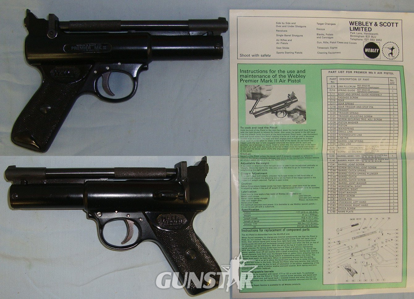  Boxed, 1970's Webley Premier MK II .22 Calibre Air Pistol With Original Illustrated Instruction Leaflet. AI 589 air pistol .22