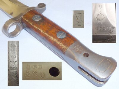 Scarce/Excellent* British ‘1903’ Pattern Bayonet Converted from ‘P1888’ and Land MkI Leather Scabbard and Frog. 22426:1 Bayonet