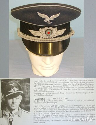 UNIQUE**LUFTWAFFE FIGHTER ACE ATTRIBUTED** WW2 1940 German Luftwaffe Pilot Officer’s Visor Cap To Major Hans Hahn Knights Cross & Oak Leaves Recipient With Bullion Luftwaffe Eagle & National Cockade Badges. Sn 21968:1  Clothing in 