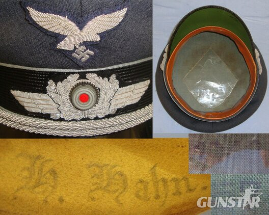 UNIQUE**LUFTWAFFE FIGHTER ACE ATTRIBUTED** WW2 1940 German Luftwaffe Pilot Officer’s Visor Cap To Major Hans Hahn Knights Cross & Oak Leaves Recipient With Bullion Luftwaffe Eagle & National Cockade Badges. Sn 21968:1  Clothing