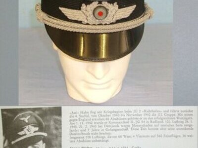UNIQUE**LUFTWAFFE FIGHTER ACE ATTRIBUTED** WW2 1940 German Luftwaffe Pilot Officer’s Visor Cap To Major Hans Hahn Knights Cross & Oak Leaves Recipient With Bullion Luftwaffe Eagle & National Cockade Badges. Sn 21968:1  Clothing