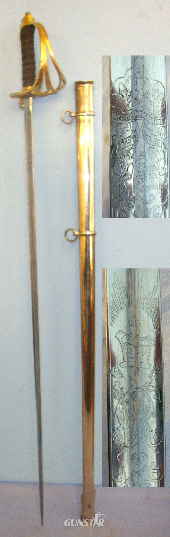 Victorian British Firmin & Sons London 1822 Pattern Infantry Officer’s Sword With Gilt Brass Guard Etched Blade To The 1st Manchester (Volunteer) Rifles & Steel Scabbard. Sn 22090 Sword in 
