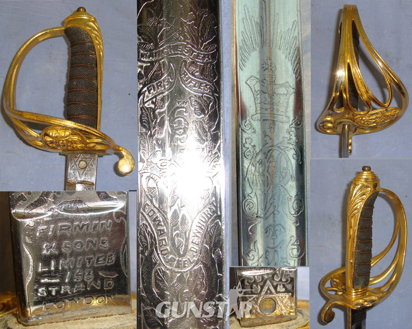 Victorian British Firmin & Sons London 1822 Pattern Infantry Officer’s Sword With Gilt Brass Guard Etched Blade To The 1st Manchester (Volunteer) Rifles & Steel Scabbard. Sn 22090 Sword