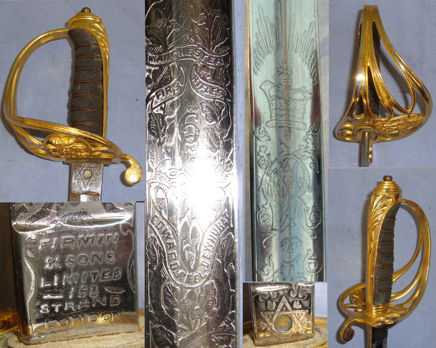 Victorian British Firmin & Sons London 1822 Pattern Infantry Officer’s Sword With Gilt Brass Guard Etched Blade To The 1st Manchester (Volunteer) Rifles & Steel Scabbard. Sn 22090 Sword