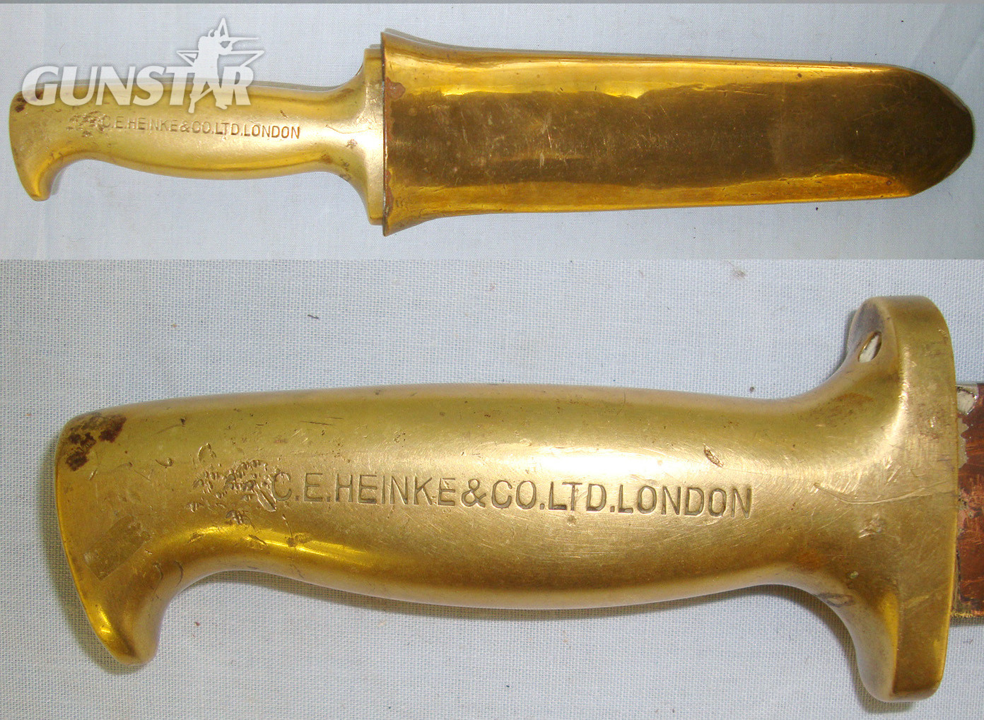 1922– 1961, British Royal Navy C.E Heinke & Co Ltd London Brass Hilt Diver\'s Knife With Magnetic Blade & Brass Scabbard Slotted For Belt Loop. Sn 20828 Knive