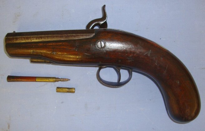  C1840 English Form 18 Bore Percussion Overcoat / Traveling Pistol With Octagonal Barrel. A 1097 / 21532:2 16 Bore/gauge Muzzleloader