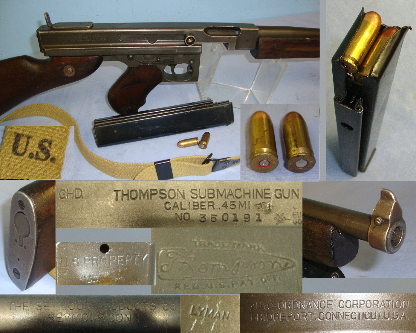 WW2 Era U.S Army Thompson M1 A1 Auto Ordnance Corp .45 ACP Calibre Sub Machine Gun With Seymour Products Co 30 Round Stick Magazine, US Army Sling & 2 Inert Deactivated Rounds Of Ammunition**MOVING PARTS**UK/EU 2022 DEACTIVATION**Sn 23727 None Machine Gun