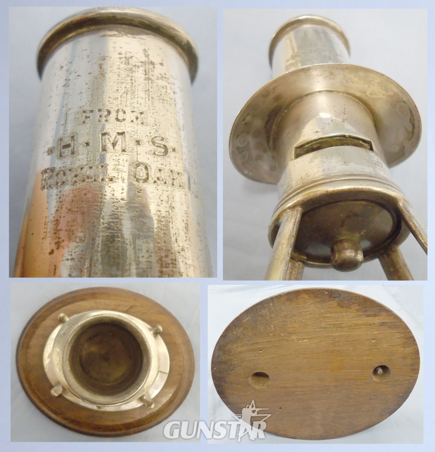 WWI HMS Royal Oak Inscribed Silver-Plated Ships Voice Pipe, Modelled into a Paper Weight/Candle Holder, with an Accompanying Book on the Sinking of the Ship. 22146. WWI HMS Royal Oak Inscribed Silver-Plated Ships Voice Pipe, Modelled into a Paper Weight/Candle Holder, with an Accompanying Book on the Sinking of the Ship. 22146.  Antique & Militaria