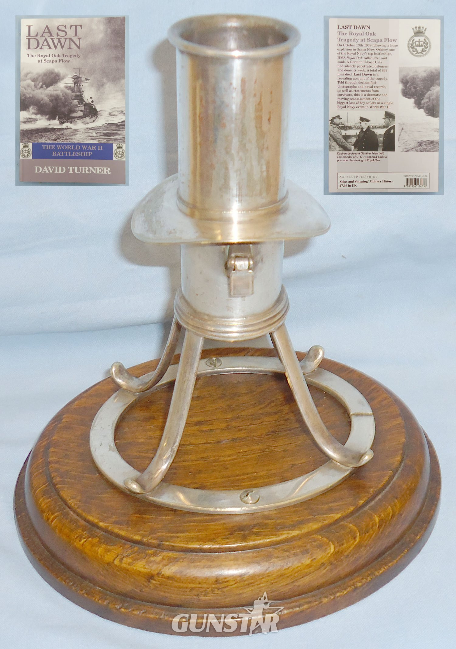  WWI HMS Royal Oak Inscribed Silver-Plated Ships Voice Pipe, Modelled into a Paper Weight/Candle Holder, with an Accompanying Book on the Sinking of the Ship. 22146. WWI HMS Royal Oak Inscribed Silver-Plated Ships Voice Pipe, Modelled into a Paper Weight/Candle Holder, with an Accompanying Book on the Sinking of the Ship. 22146.  Antique & Militaria