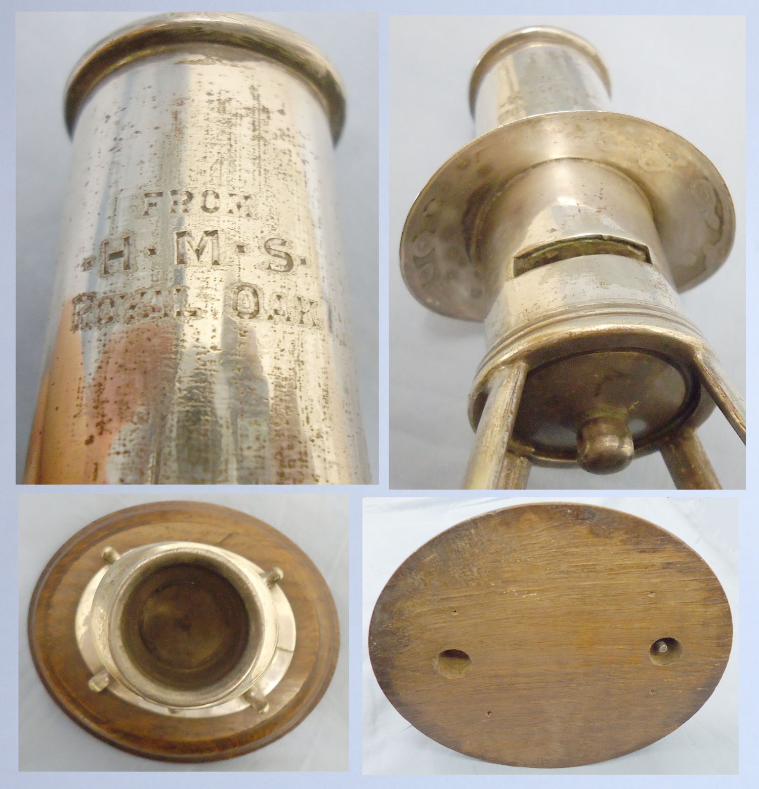WWI HMS Royal Oak Inscribed Silver-Plated Ships Voice Pipe, Modelled into a Paper Weight/Candle Holder, with an Accompanying Book on the Sinking of the Ship. 22146. WWI HMS Royal Oak Inscribed Silver-Plated Ships Voice Pipe, Modelled into a Paper Weight/Candle Holder, with an Accompanying Book on the Sinking of the Ship. 22146.  Antique & Militaria