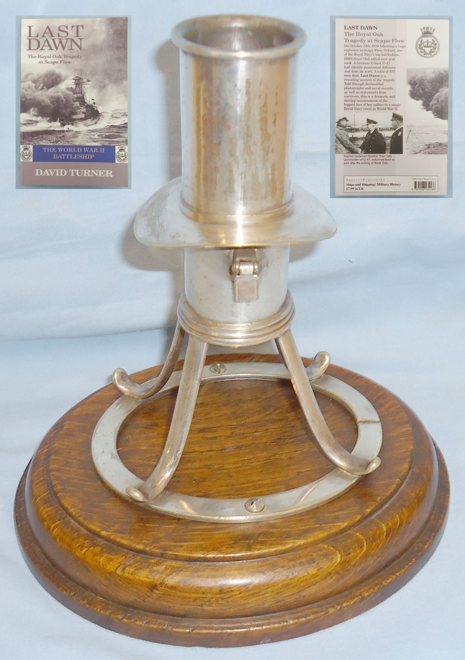  WWI HMS Royal Oak Inscribed Silver-Plated Ships Voice Pipe, Modelled into a Paper Weight/Candle Holder, with an Accompanying Book on the Sinking of the Ship. 22146. WWI HMS Royal Oak Inscribed Silver-Plated Ships Voice Pipe, Modelled into a Paper Weight/Candle Holder, with an Accompanying Book on the Sinking of the Ship. 22146.  Antique & Militaria