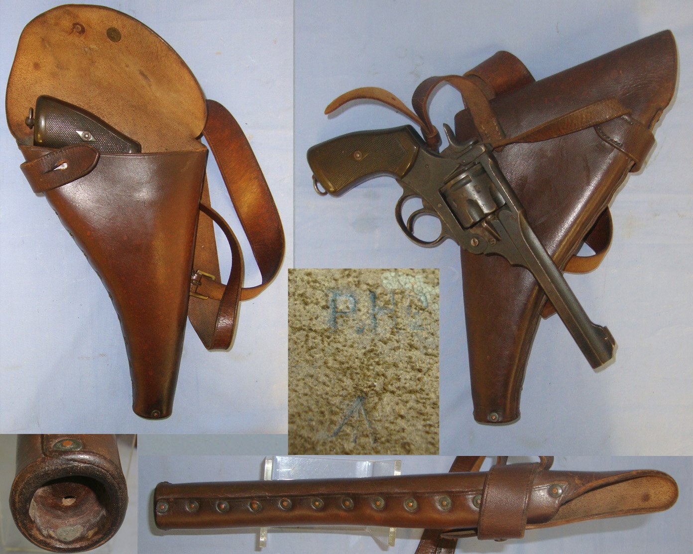 VERY RARE**WW1 Era British WD Royal Navy Air Service (RNAS) Pilot Officer\'s Brown Leather Holster By PHD For Webley .455 Service Revolvers & .455 Semi Auto Pistols With Cross Belt. L 502 Care & Storage