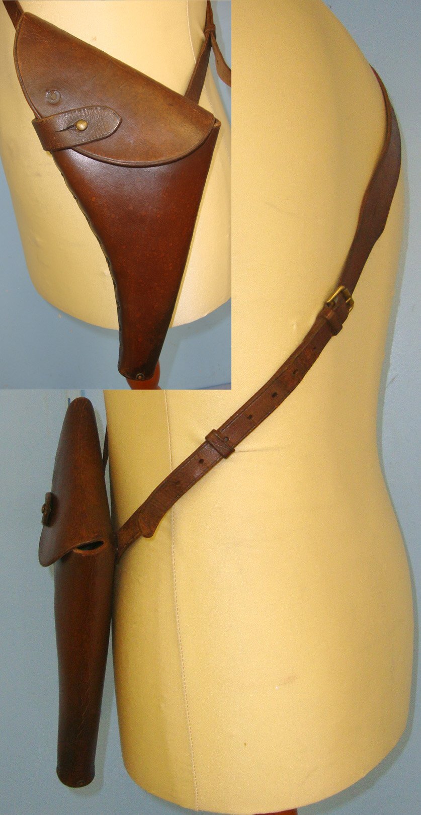 VERY RARE**WW1 Era British WD Royal Navy Air Service (RNAS) Pilot Officer\'s Brown Leather Holster By PHD For Webley .455 Service Revolvers & .455 Semi Auto Pistols With Cross Belt. L 502 Care & Storage