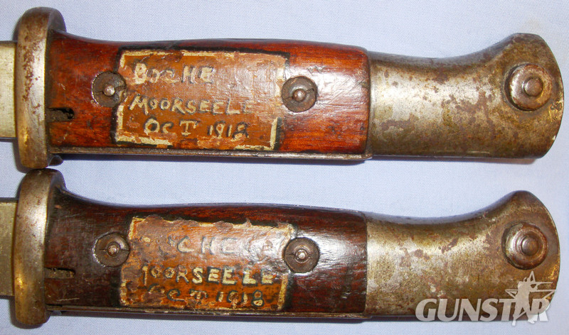 As Found* German ‘S84/98’ Bayonet (Sawback Removed) and Scabbard with Commemorative Inscription ‘Boche Moorseele Oct 1918’ (ONE NOW Available). BAYO 563. Bayonet