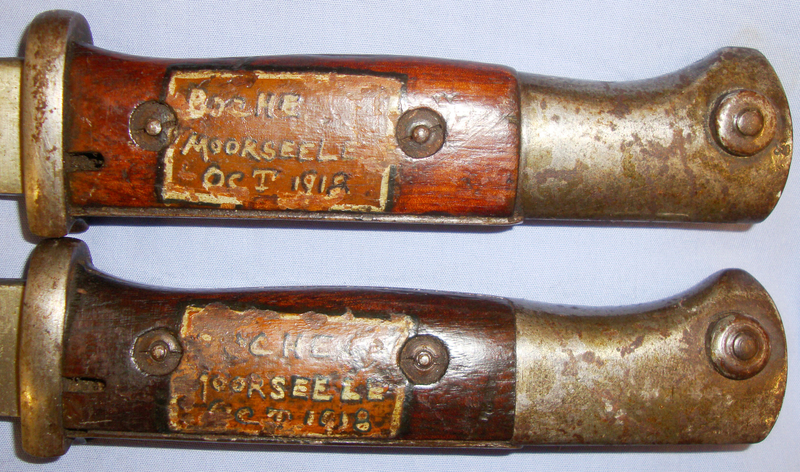 As Found* German ‘S84/98’ Bayonet (Sawback Removed) and Scabbard with Commemorative Inscription ‘Boche Moorseele Oct 1918’ (ONE NOW Available). BAYO 563. Bayonet