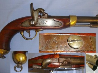 French Mutzig Arsenal Model 1822 .700 Calibre Muzzle Loading Dragoon Cavalry Percussion Pistol With Regulation Brass Fittings & Iron Powder Measure Ram Rod. Sn 21449:3 None Muzzleloader