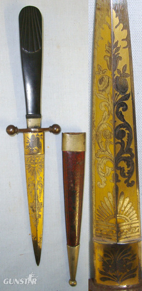  Wild West Era American Saloon Gambler’s Victorian English Form Concealable Spear Point Dagger With Polished Buffalo Horn Hilt, Ornate Etched Gilt Panels & Scabbard Dagger