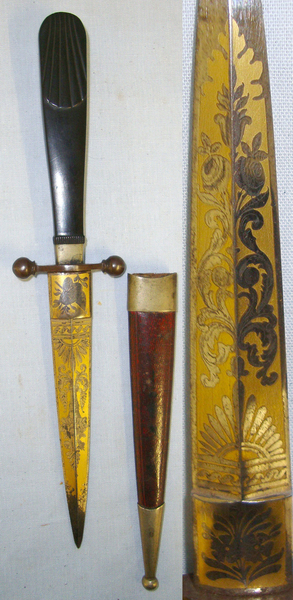  Wild West Era American Saloon Gambler’s Victorian English Form Concealable Spear Point Dagger With Polished Buffalo Horn Hilt, Ornate Etched Gilt Panels & Scabbard Dagger