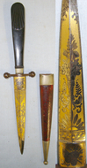 Wild West Era American Saloon Gambler’s Victorian English Form Concealable Spear Point Dagger With Polished Buffalo Horn Hilt, Ornate Etched Gilt Panels & Scabbard Dagger