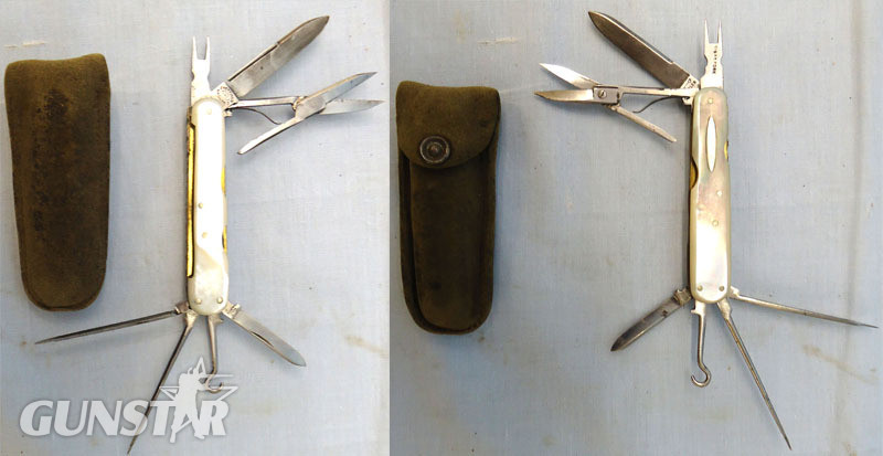 C1920’s English George Butler & Co Sheffield ‘Key’ Trademark, Cutler to His Majesty, Multi Blade / Tool Folding Knife With Cigar Fork & pricker, Button Tool, Scissors, 2 Blades 7 a Nailfile With Mother of Pearl Scales. Sn - 17073:1 Knive in 
