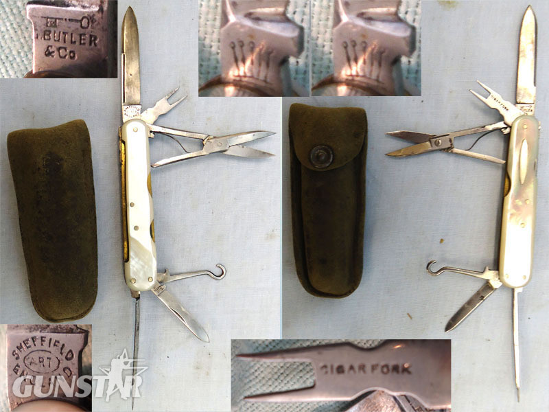 C1920’s English George Butler & Co Sheffield ‘Key’ Trademark, Cutler to His Majesty, Multi Blade / Tool Folding Knife With Cigar Fork & pricker, Button Tool, Scissors, 2 Blades 7 a Nailfile With Mother of Pearl Scales. Sn - 17073:1 Knive