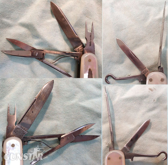  C1920’s English George Butler & Co Sheffield ‘Key’ Trademark, Cutler to His Majesty, Multi Blade / Tool Folding Knife With Cigar Fork & pricker, Button Tool, Scissors, 2 Blades 7 a Nailfile With Mother of Pearl Scales. Sn - 17073:1 Knive