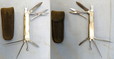 C1920’s English George Butler & Co Sheffield ‘Key’ Trademark, Cutler to His Majesty, Multi Blade / Tool Folding Knife With Cigar Fork & pricker, Button Tool, Scissors, 2 Blades 7 a Nailfile With Mother of Pearl Scales. Sn - 17073:1 Knive