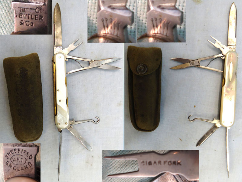 C1920’s English George Butler & Co Sheffield ‘Key’ Trademark, Cutler to His Majesty, Multi Blade / Tool Folding Knife With Cigar Fork & pricker, Button Tool, Scissors, 2 Blades 7 a Nailfile With Mother of Pearl Scales. Sn - 17073:1 Knive