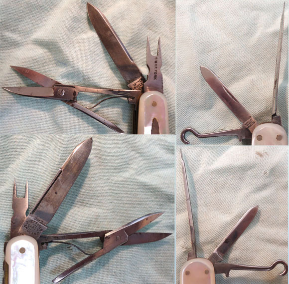  C1920’s English George Butler & Co Sheffield ‘Key’ Trademark, Cutler to His Majesty, Multi Blade / Tool Folding Knife With Cigar Fork & pricker, Button Tool, Scissors, 2 Blades 7 a Nailfile With Mother of Pearl Scales. Sn - 17073:1 Knive