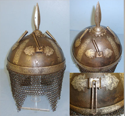 Persian Kulah Khud Spiked Steel Helmet With Ornate Silver Inlaid decoration & Ch Kulah Khud Spiked Steel Helmet With Ornate Silver Inlaid decoration & Chain Mail Clothing