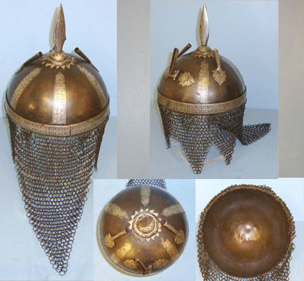  Persian Kulah Khud Spiked Steel Helmet With Ornate Silver Inlaid decoration & Ch Kulah Khud Spiked Steel Helmet With Ornate Silver Inlaid decoration & Chain Mail Clothing