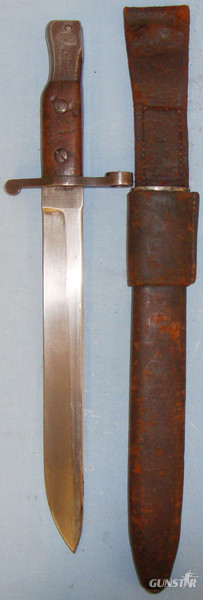 Scarce* Canadian Ross Mk I Bayonet by Maker \"Ross Rifle Co Quebec Patent 1907\". With Leather Scabbard & Frog. 12914. Bayonet in 