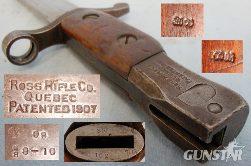 Scarce* Canadian Ross Mk I Bayonet by Maker \"Ross Rifle Co Quebec Patent 1907\". With Leather Scabbard & Frog. 12914. Bayonet